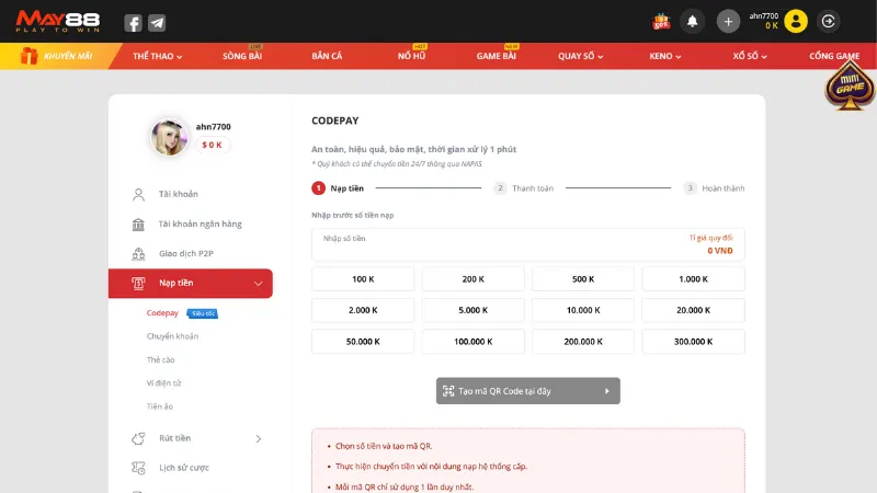 Các phương thức nạp tiền May88