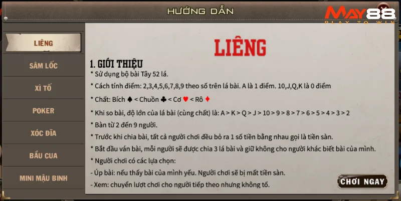 Các lượt lựa chọn khi chơi Liêng May88