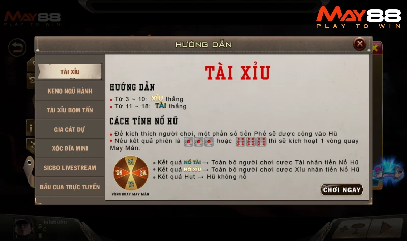 Luật của game Tài xỉu May88 cần phải nắm rõ